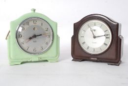 Two vintage Bakelite mantel clocks, a Genalex and a Smiths. One in green colouring.