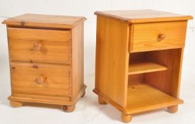 2 contemporary pine bedside cabinets, one with drawers, the other having drawer with open storage