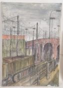 A large 20th century moody oil on canvas painting of a railway scene by Matt Lister 93