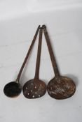 A collection of 3 vintage copper utensils, circa 19th century to include a handbeaten ladel