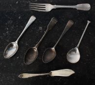 A collection of 6 hallmarked silver knives, forks and spoons.