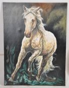 A large oil on canvas painting of a galloping white horse being unsigned.