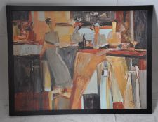 A large oil on canvas abstract paiting set within an open ebonised frame being signed to the