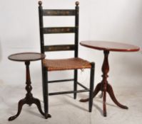 2 mahogany wine tables, both raised on tripod bases together with an ebonised rattan seat bedroom