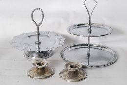 2 silver plate cake stand / taza's with handles to top and centre. Together with 2 chase decorated