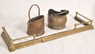 A Victorian brass fire fender having tubular top rail with finials together with 2 brass coal