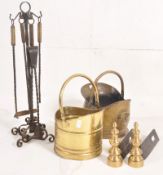 2 brass coal buckets together with a pair of andirons / fire dogs and a good wrought iron