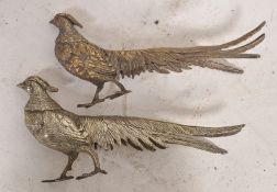 A pair of large silver plated decorative asiatic pheasant figurines having long tail feathers