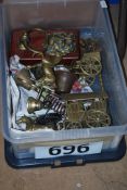 A good selection of brasswares to include horse and cart, bells, door knocker, figures and others.