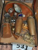 Box of copper and brass wares to include a 2 pint ladle, a pair of J.S & S copper vases, brass