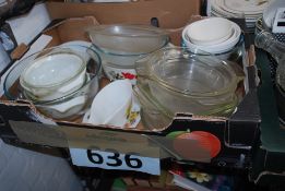 A box of china and glassware to include vintage pyrex dishes