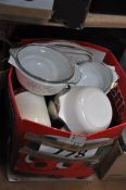 A box of kitchenalia to include tea pot, storage containers etc
