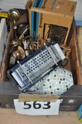 A boxed Hitachi radio, teak lamp, mosaic lamp, briquette maker and other items.