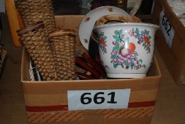 Assorted box to include whicker baskets, china plates, graduating pans etc