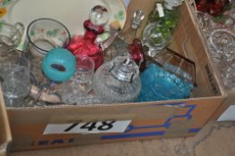 A box of mixed glass to include coloured desert dishes, ruby decanter, lead crystal, Ridgway meat