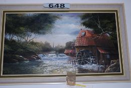 An oil on canvas of a water mill and river by R.A James with original receipt.