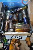 A box of vintage glass bottles to include apocathery jards, lightbulbs etc