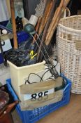 A collection of vintage and other walking sticks in plastic bin together with 2 Ikea table lamps