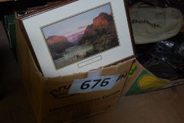A box of vintage paintings, prints, frames etc.