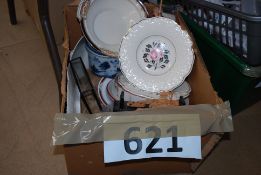 A box to include Mason's china, Wedgwood, glasswares etc