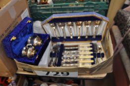 A set of 6 glasses in box, canteen of cutlery, a cased set of cake forks and other flatware,