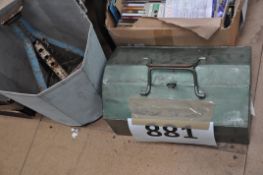 A vintage tool box along with a galvanised bucket and axle car stand.