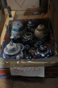 A box of china to include oriental ginger jars, pair of Japanese candlesticks etc.