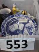 A mixed lot include a delft plate, Portmerion china, clown figurine and others.