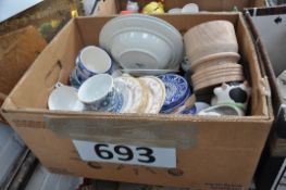 A box of china to include Imperial Woolworth, Spanish retro china, plates and other items.
