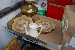 A brass oil lamp having milk glass shade, glass flue etc. Together with 2 19th century Staffordshire