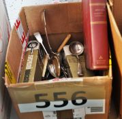 A box of mixed silver plate boxed flatware / cutlery, boxed ink cartridge, book and other items.