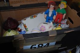 A box to include vintage Bisto doll, Susie Cooper, Raymond Wear etc.