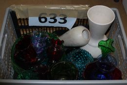 A mixed lot of glass to include green glass fruit bowl, ruby red vases, Dartmouth Pottery vase and