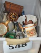 A box to include Wadeheath, period china, wooden trinket box, musical recorder, Woodford Grimwades