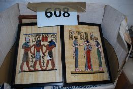 A collection of handpainted Papyrus along with a collection of embroidered silk pictures