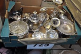 A mixed box to include silver plate teapot, candlestick holders plus other bits and pieces.