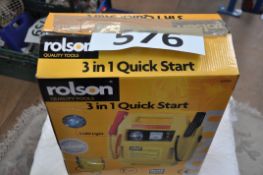 A boxed Rolson 3-in1 Quickstart jumpstart motoring compressor.