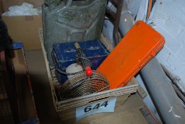 A large metal jerry can, a metal box, scoket set and industrial fan
