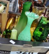 A collection of studio glass decorative items to include a goldfish statuette, flared vase, green