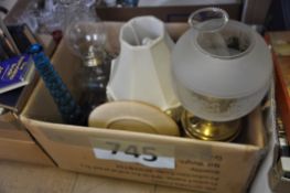 A mixed lot to include oil lamps, glass vase, Jerusalem clock and other items.