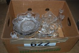 A box of studio glassware to include glass basket, candlestick holders, dishes and other items.