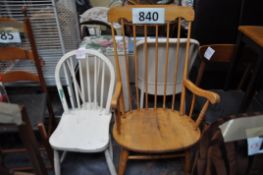 A Pine windsor style rocking chair together with a Shabby chic Victorian childs painted chair