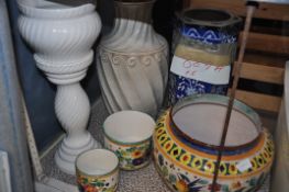 A collection of items to include pots, umbrella pot, Jardineire, large vase and other items.