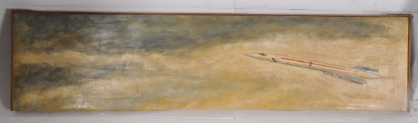 A large 1970's oil on canvas painting of concorde flying in overcast scene being set within a wooden