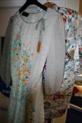 A 1970's dress by Geraldine ( size 16) along with an oriental silk Kimono and a tie dye dressing