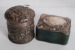 A J Bennett & Co London hallmarked leather and silver trinket box. The green leather body of