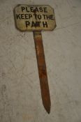 An original vintage cast iron sign in the Warboys manner on stake. Black border with notation '