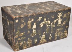 A Victorian painted pine decoupage blanket box with lined interior having hinged lid atop. 35cms x
