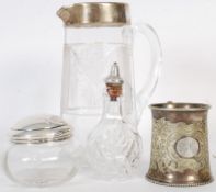 3 hallmarked silver lidded glass items to include jug, bowl and pourer. Along with a believed silver