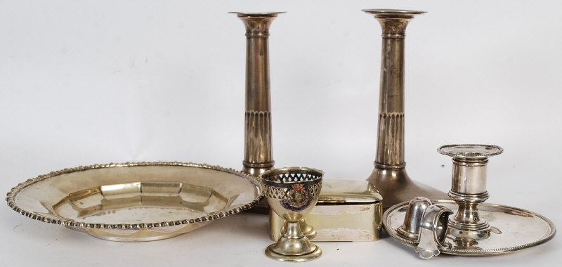 A vintage silver plate candlestick holder along with other items to include candlesticks, trinket